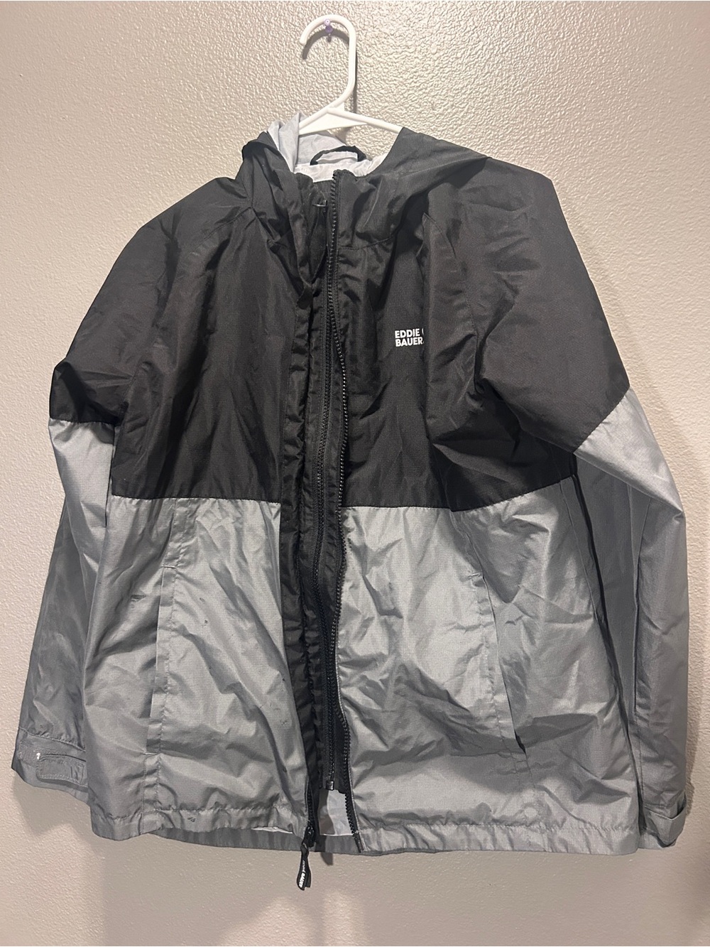 Eddie Bauer Kids Hooded Windbreaker Jacket Black Gray Large 14/16 Flawed